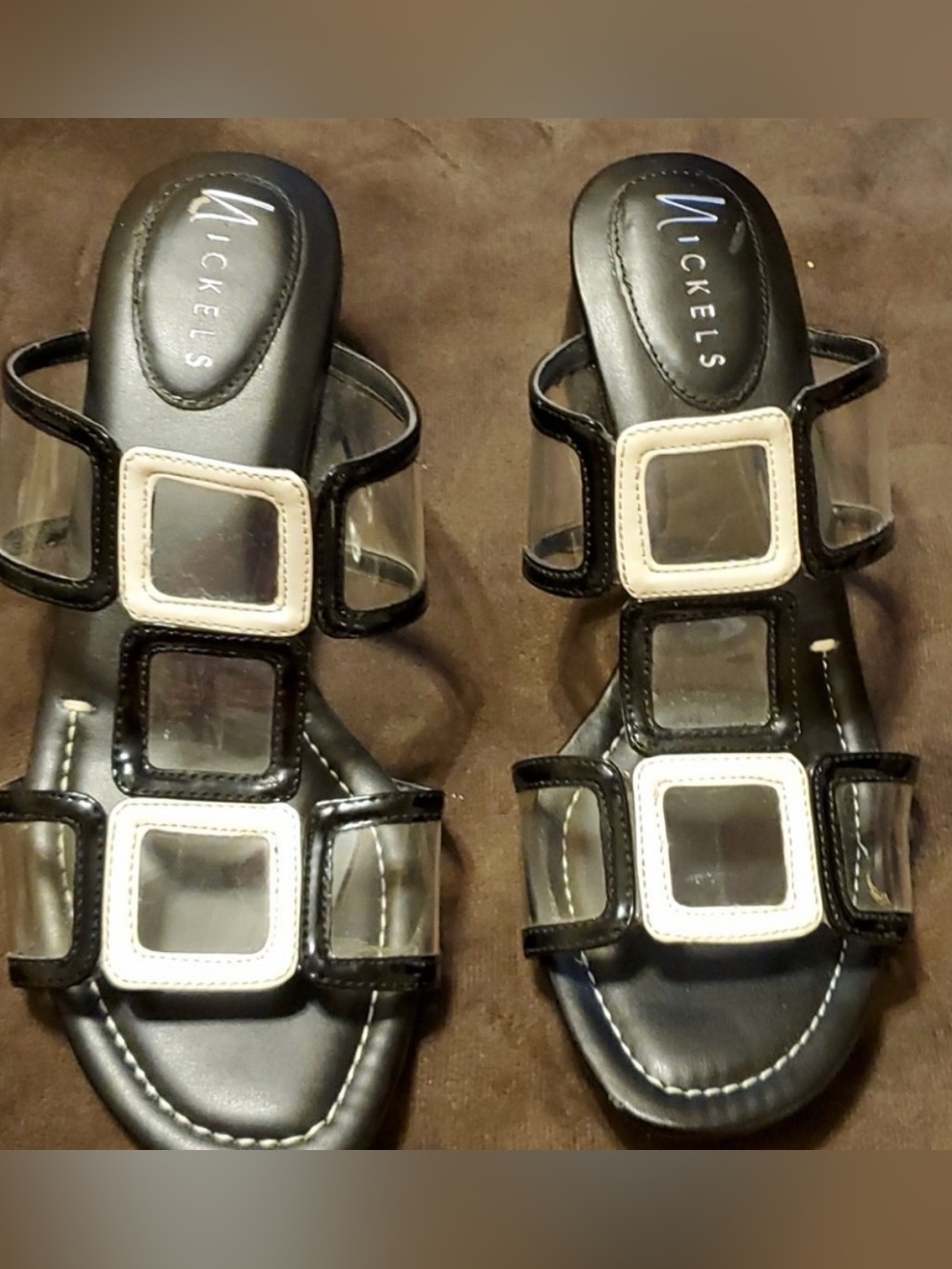 Nickels Black Slide Sandals with Clear Panels and Cream Square Accents